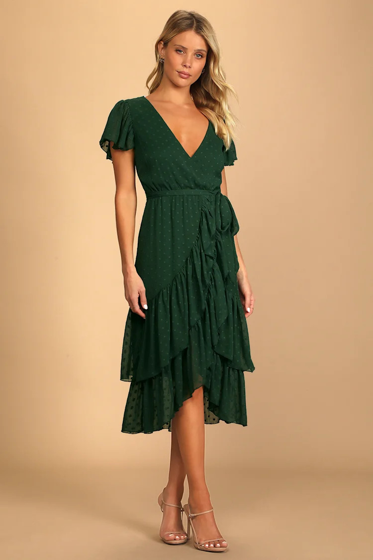 Have Harmony Dark Green Swiss Dot Ruffled Faux Wrap Midi Dress | Lulus (US)