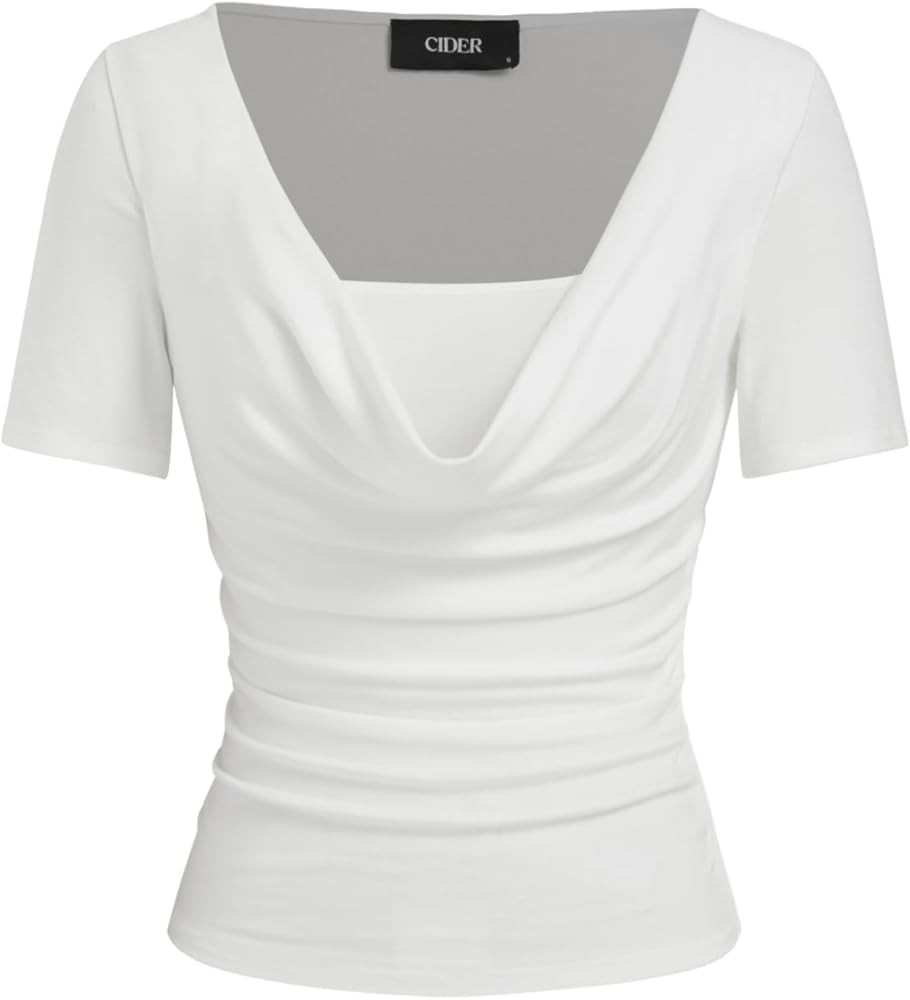 CIDER Women's Crop Top Cowl Neck Ruched Lightweight Short Sleeve Fitted Tops Casual Summer Outfit... | Amazon (US)