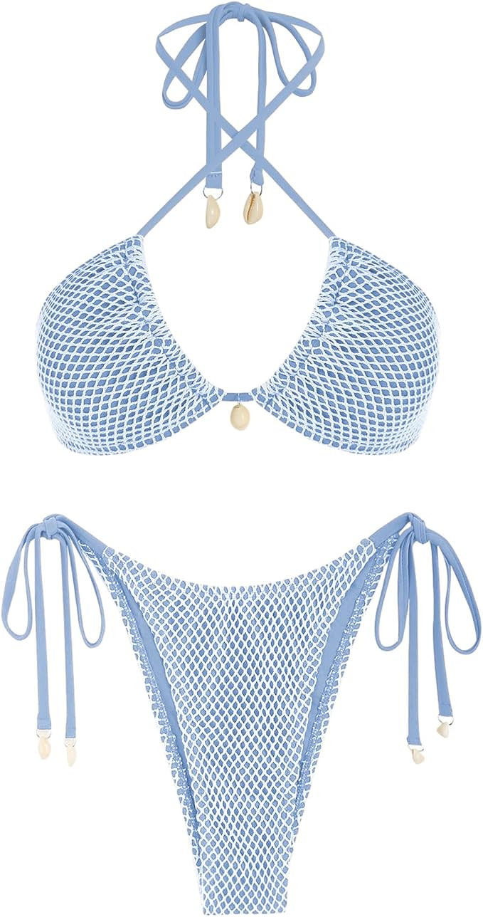 ZAFUL Women's Bikini Set Fishnet Triangle Tie Convertible Collar Halter Bandeau Shell Two Piece B... | Amazon (US)