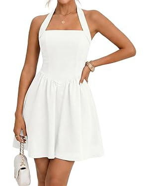 MEROKEETY Women's Summer Halter Neck Mini Dress 2026 Cute Ruched Waist A-line Flowy Graduation Co... | Amazon (US)
