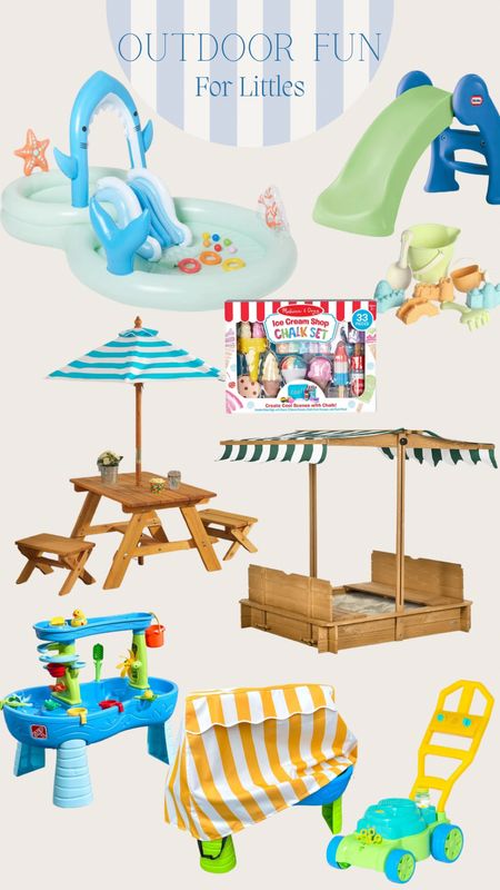 Outdoor, summer fun! 

Water table
Kids picnic table
Chalk
Water table cover 
Sand toys 

#LTKKids #LTKSummerSales #LTKSeasonal