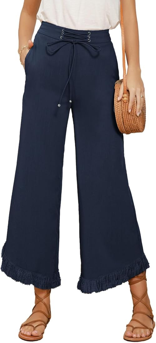 GRACE KARIN Women Wide Leg Linen Palazzo Pants Boho Drawstring Waist Oblique Tassel Hem Beach Tro... | Amazon (US)
