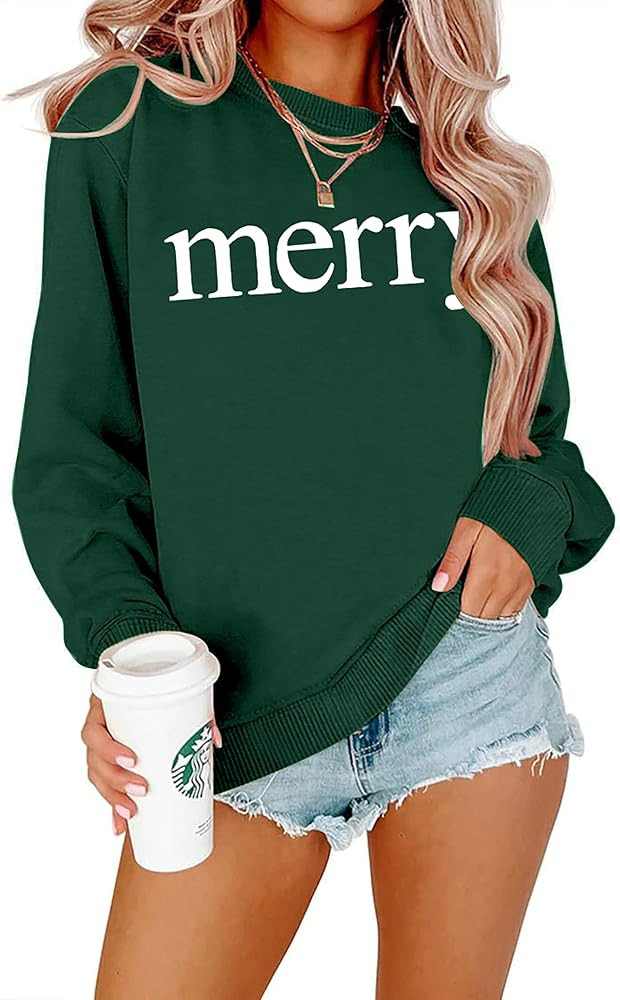 Merry Christmas Sweatshirts Women Classic Merry Letter Print Sweatshirts Xmas Holiday Party Pullo... | Amazon (US)