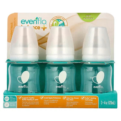 Evenflo Feeding, Balance+ Bottles, Standard, 0+ Months, Slow Flow, 3 Bottles, 4 oz (120 ml) Each | iHerb
