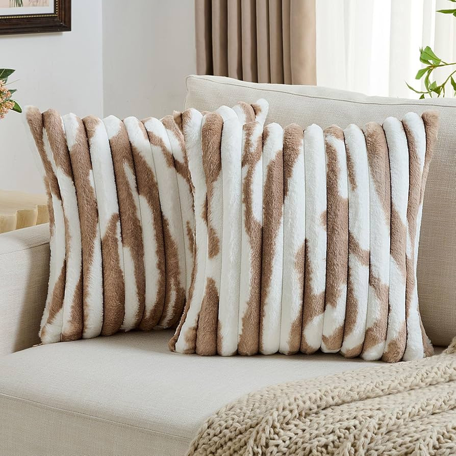 FUTEI Brown Decorative Throw Pillow Covers 18x18 Inch Set of 2, Soft Tie-Dye Faux Rabbit Fur Stri... | Amazon (US)