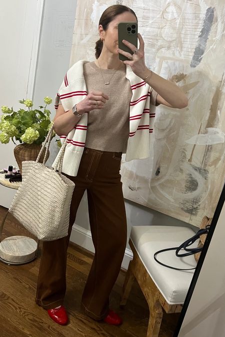 Casual Spring outfit idea with a pop of red! Madewell Emmett trousers, J.Crew cashmere tee, Lake cardigan, Mansur Gavriel ballet flats, Madewell woven tote, gold ponytail holder #LTKstyletip

#LTKSeasonal