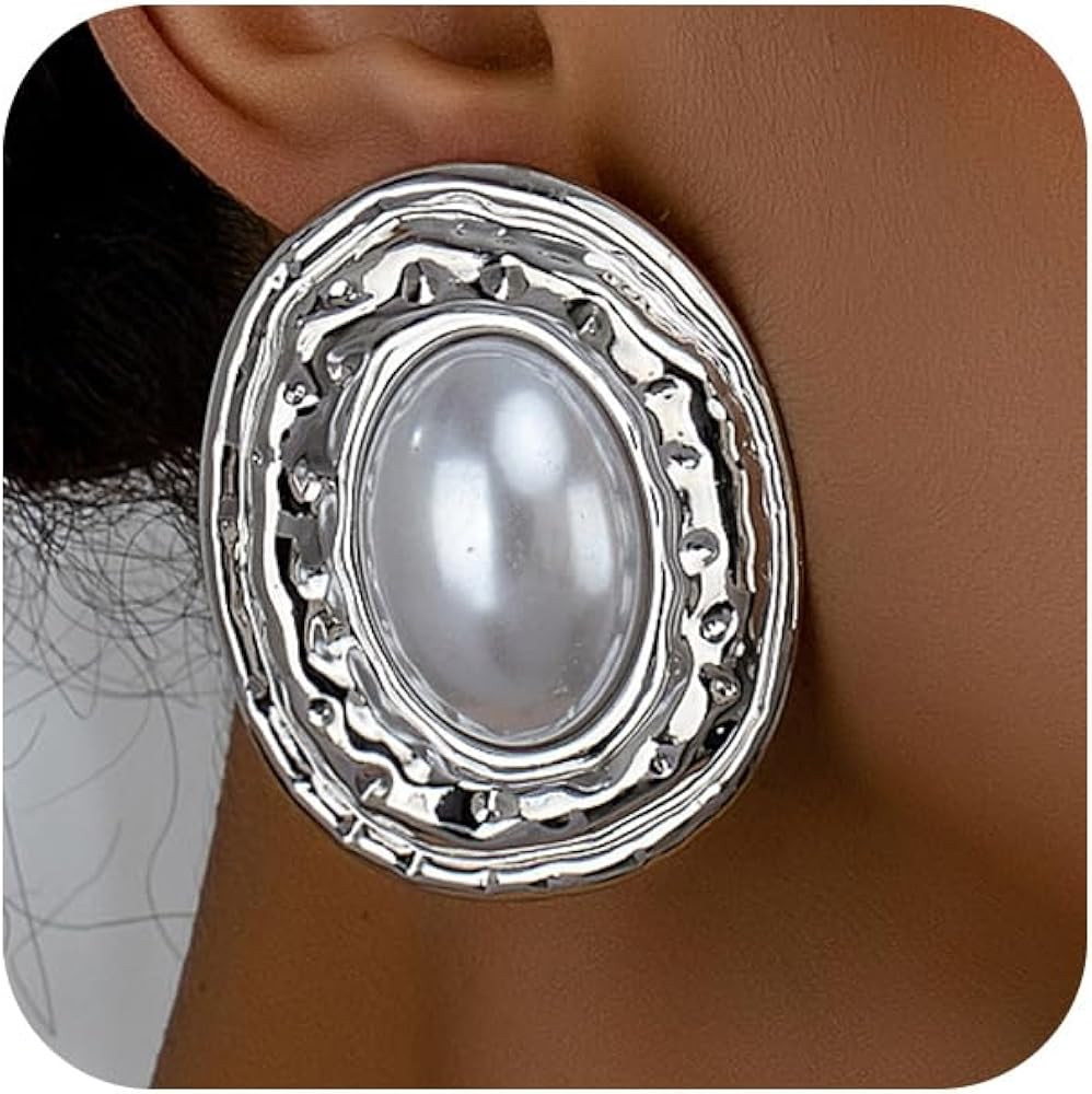 Large Gold Pearls Oval Dangling Earrings for Women Vintage Geometric Round Dangle Earring Exagger... | Amazon (US)