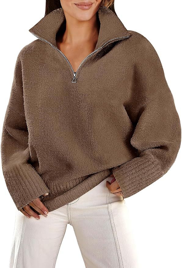 ANRABESS Women's Half Zip V Neck Oversized Sweater Fall 2023 Fuzzy Knit Chunky Warm Pullover Swea... | Amazon (US)