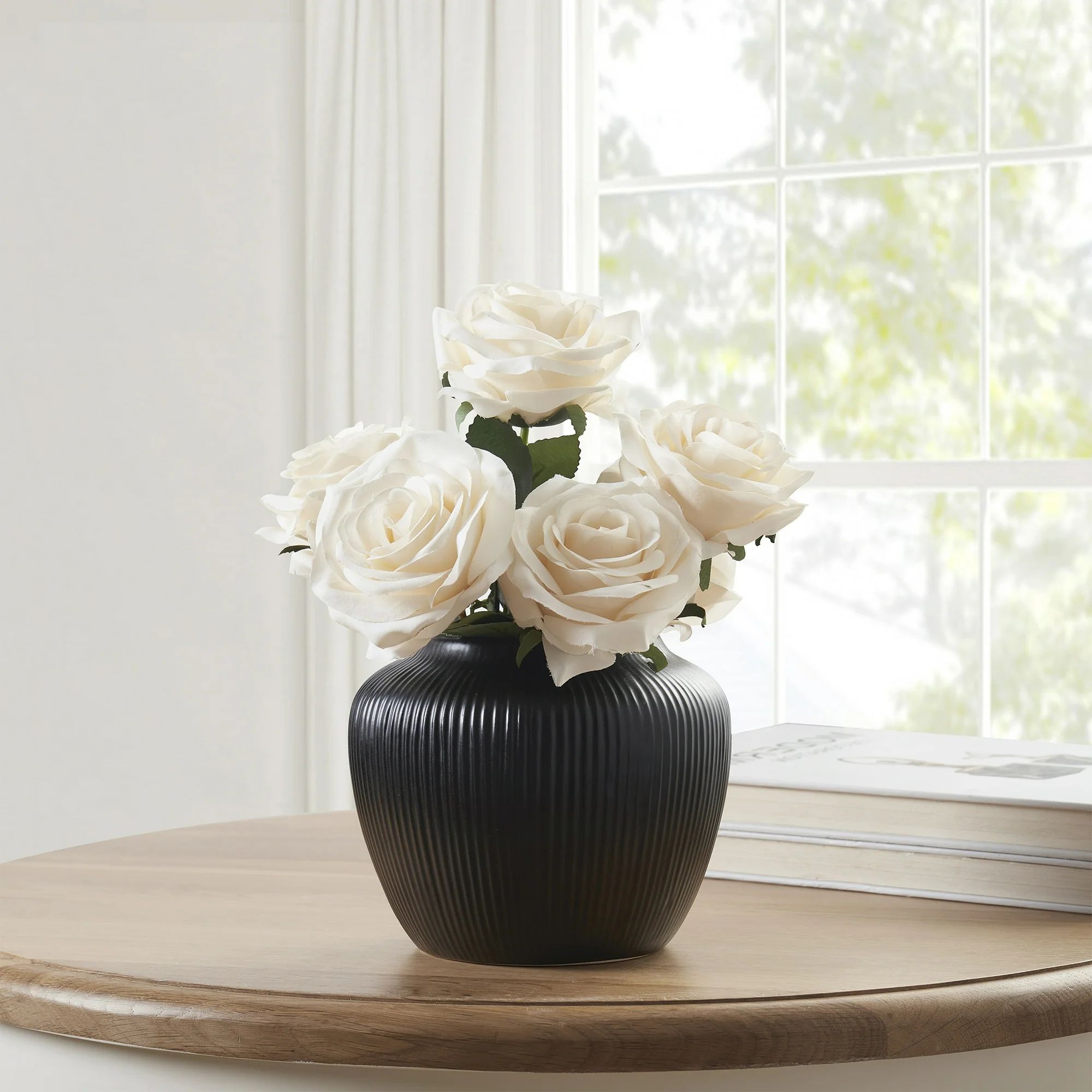 My Texas House 5" Black Textured Stripe Round Stoneware Vase | Walmart (US)