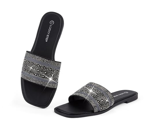 LUCKY STEP Women's Rhinestone Flat Sandals Square Open Toe Sparkly Glitter Fashion Braided Slide Sandals Summer(Black,8) | Amazon (US)
