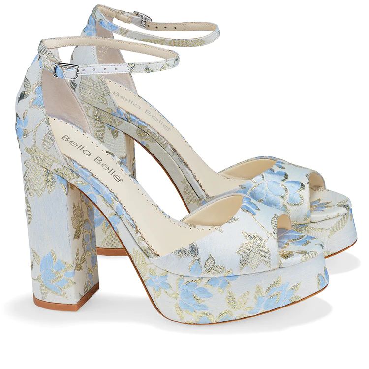 Platform Jacquard Blue Floral Sandals with Ankle Straps | Bella Belle Shoes