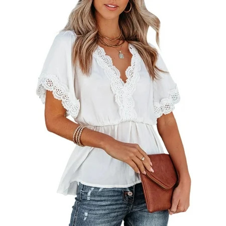 Dokotoo Women s White Shirts Lace V Neck Solid Color Ruffle Hem Loose Short Sleeves Peplum Top Size  | Walmart (US)