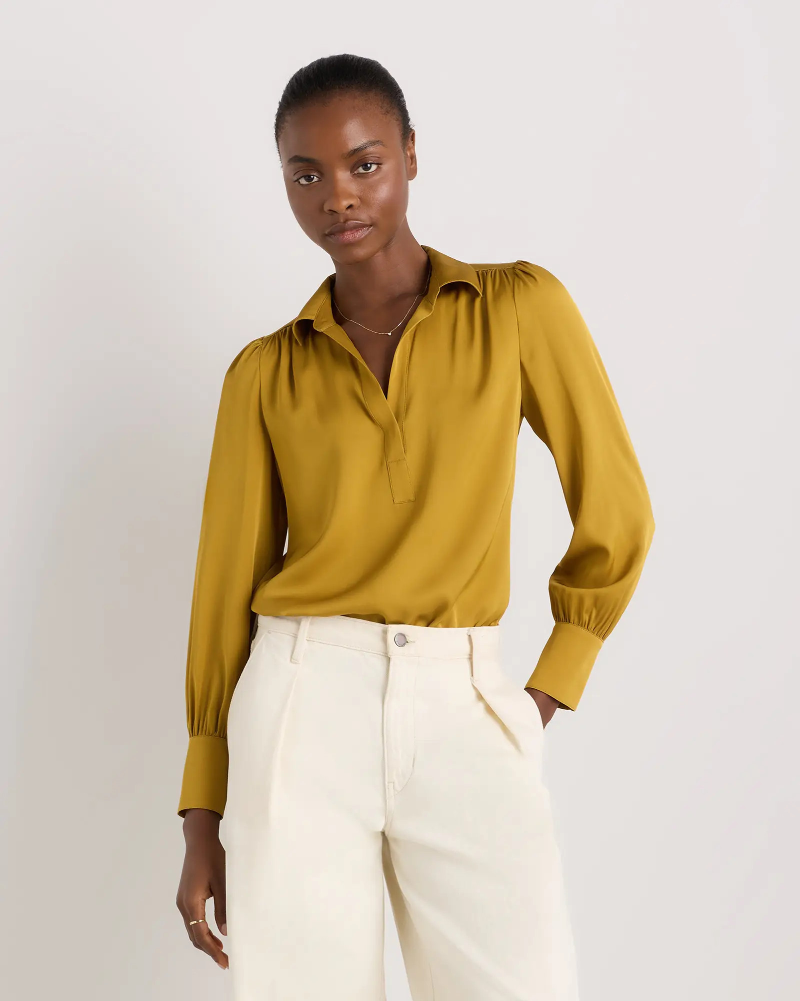 Washable Stretch Silk Split Neck Blouse | Quince
