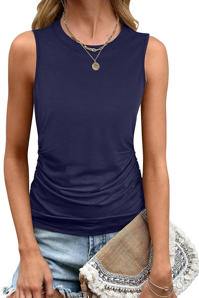 ANRABESS Women Tank Tops Summer Crewneck Sleeveless Ruched Loose Fit Cute Cami Basic Tee Shirt Ca... | Amazon (US)