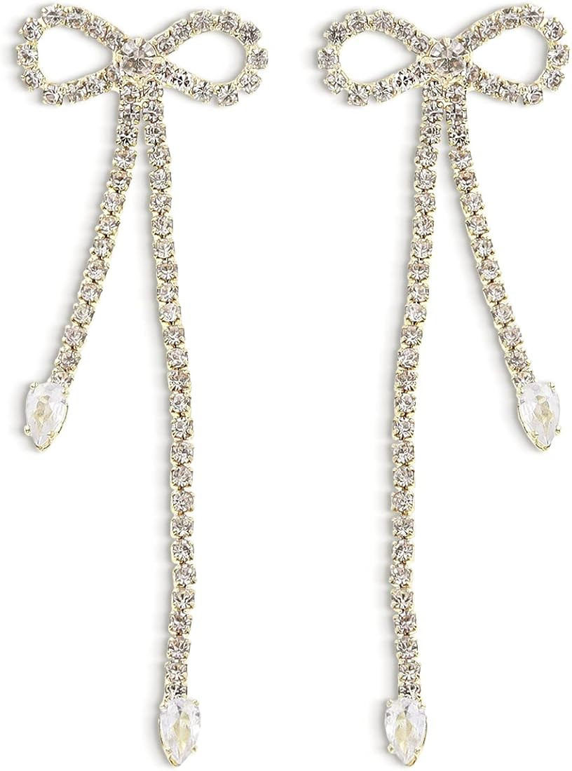 Agriajun Trendy Bow Post Stud Gold Earrings for Women - Sparkly Cute Ribbon Drop Dangle Fashion J... | Amazon (US)