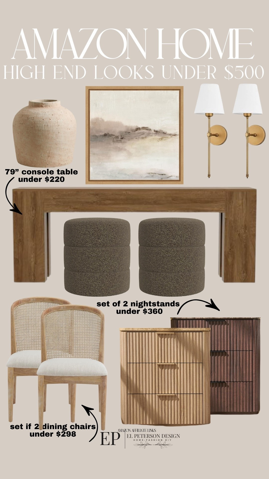 Amazon Home
Console table 
Ottoman
Wall sconces
Vase
Dining chair
Nightstands 
Artwork 

#LTKHome