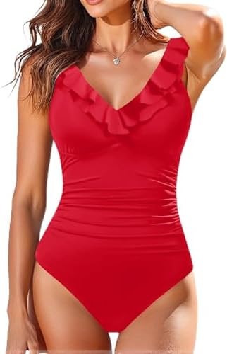 Holipick Women One Piece Swimsuits Tummy Control Bathing Suit Ruffle V Neck Swimwear Slimming Mon... | Amazon (US)