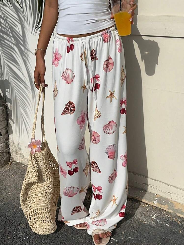 SHEIN EZwear Women's Summer Holiday Shell & Cherry Print Drawstring Waist Long Pants | SHEIN