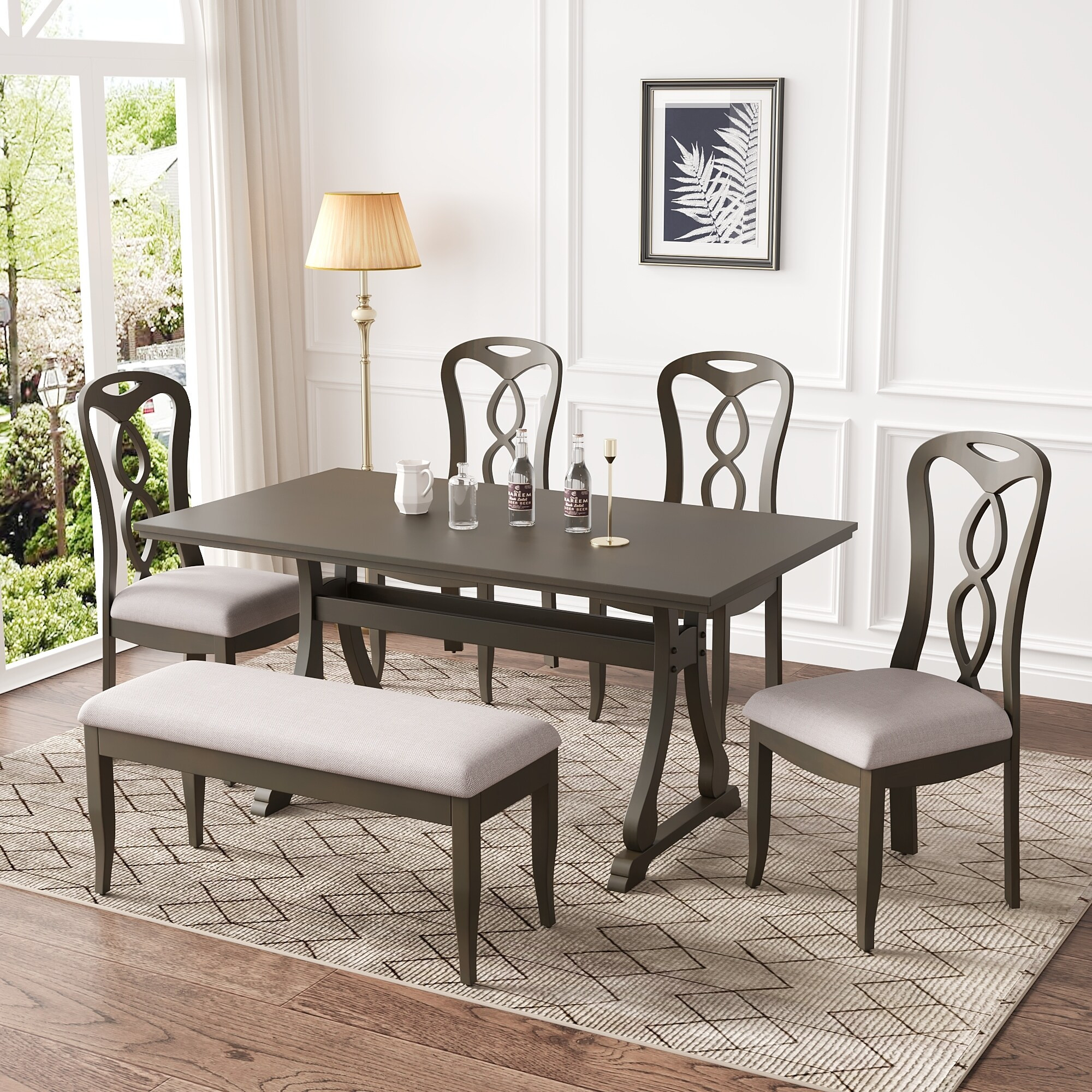 6-Piece Farmhouse Dining Table Set Wood Rectangular Tabletop, 4 Upholstered Dining Chairs & Bench for Dining Room, Kitchen | Bed Bath & Beyond