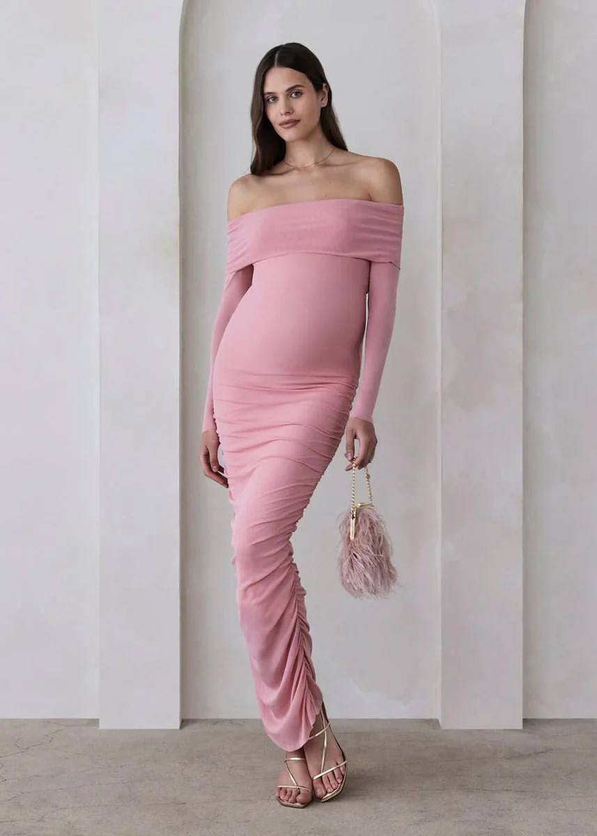 Shop The Off The Shoulder Soft Mesh Dress | BUMPSUIT Maternity | BUMPSUIT