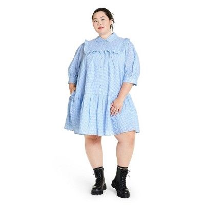 Women's Gingham 3/4 Sleeve Shirtdress - Sandy Liang x Target Blue | Target