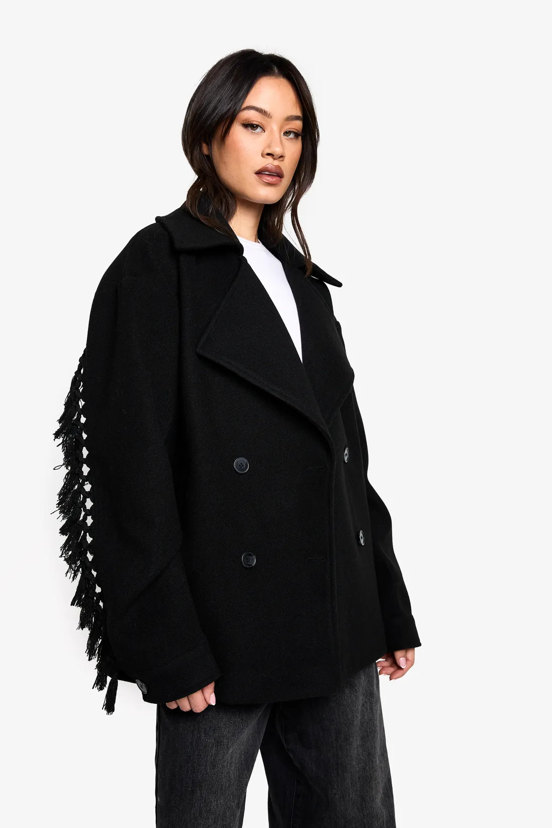 Tall Tassel Detail Wool Look Jacket | boohoo (US & Canada)