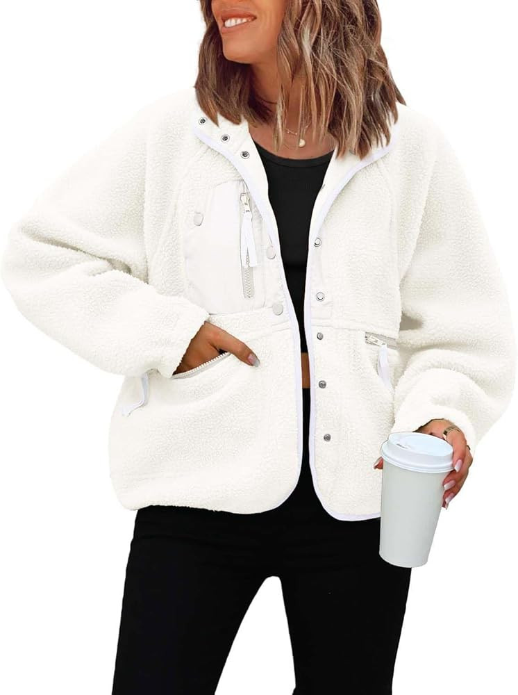 ReachMe Womens Sherpa Jacket Casual Lapel Button Down Cropped Fuzzy Fleece Jackets Long Sleeve Wi... | Amazon (US)