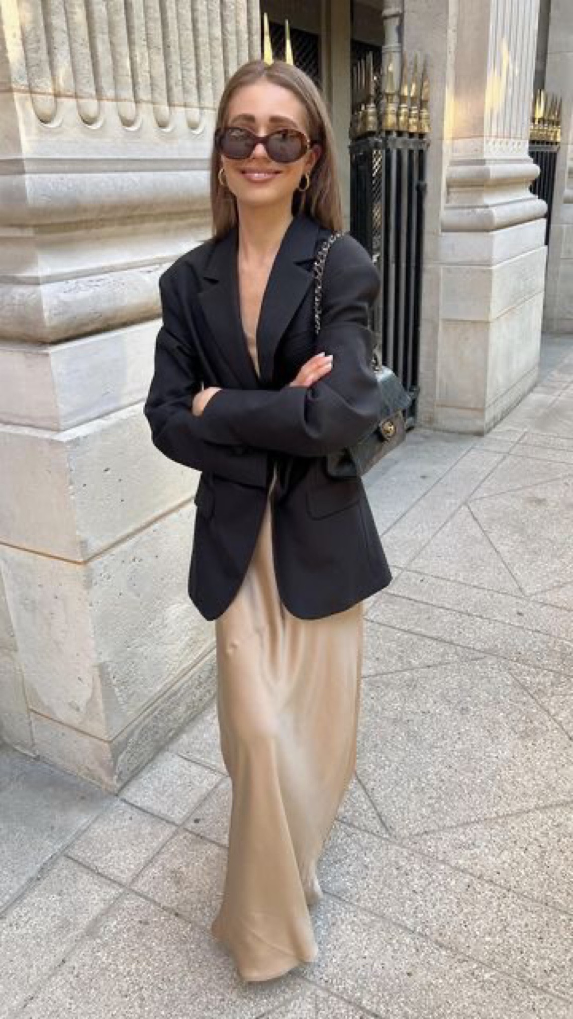 Silk maxi skirt outfit inspo - Champagne silk skirt with black blazer. Shop the skirt on Amazon!

#LTKstyletip #LTKfindsunder50 #LTKSpringSale