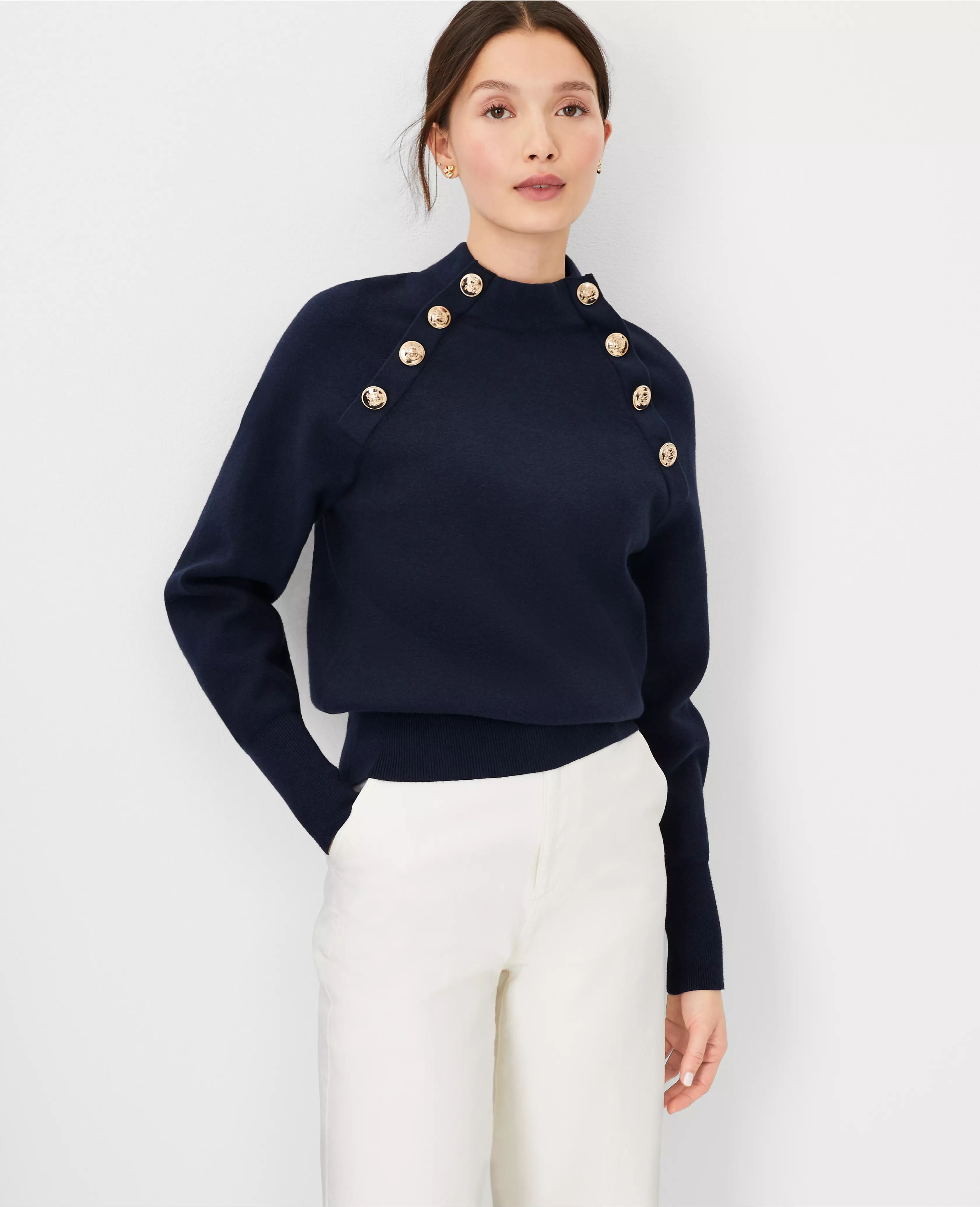 Raglan Button Mock Neck Sweater | Ann Taylor (US)