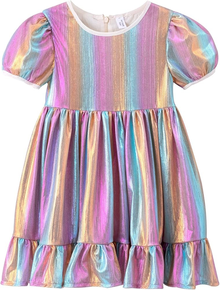 KARETT Toddler Girls Party Dress Sparkle Metallic Dresses Short Sleeve Dress Swing Ruffle Casual ... | Amazon (US)