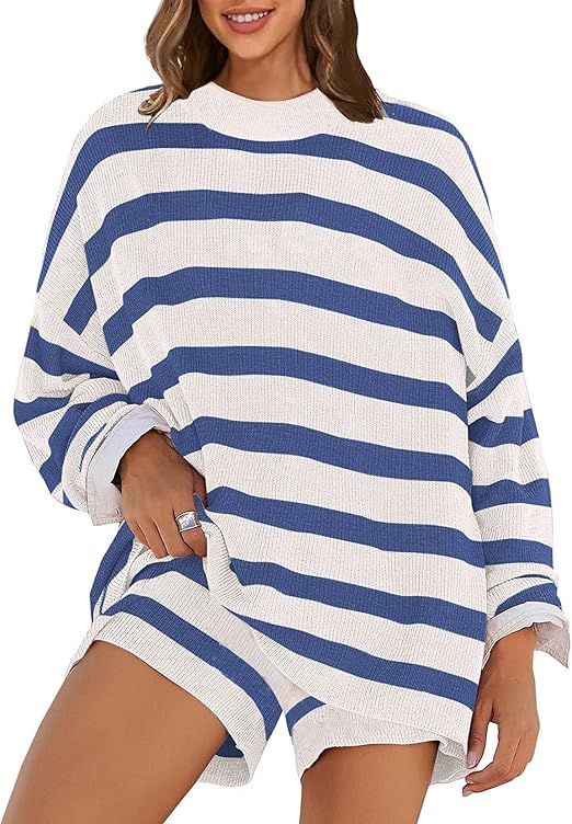 Womens Striped Sweater Set Oversized 2 Piece Lounge Outfits Knit Long Sleeve Top and Shorts Match... | Amazon (US)