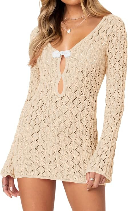 Saodimallsu Womens Crochet Cover Up Long Sleeve Sexy Bodycon Sheer Knit Summer Beach Swimsuit Cov... | Amazon (US)