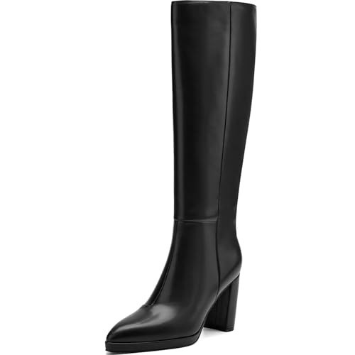 AIUNIIND Knee High Boots Women Platform Chunky Go Go Boots Pointed Toe Tall Boots Fashion Long Boots Block High Heels Side Zip Solid Black 9.5 | Amazon (US)