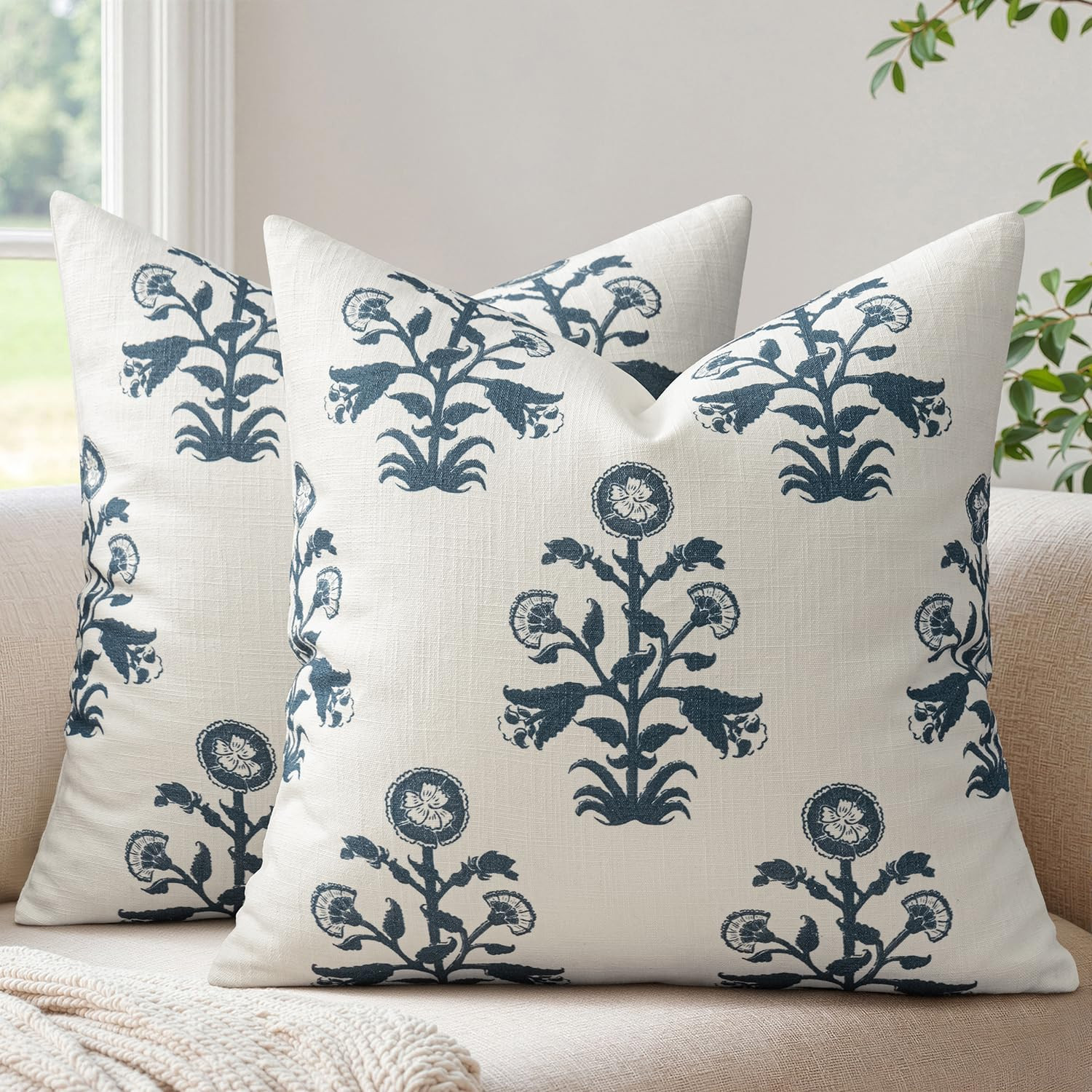MIULEE Set of 2 Vintage Pillow Covers Neutral Decorative Floral Throw Pillows Block Print Boho Fa... | Amazon (US)