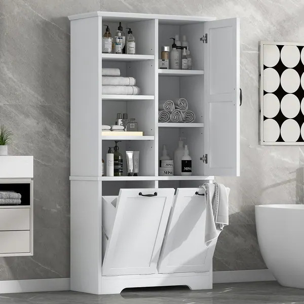 GDFStudio - Elijah Tall Bathroom Cabinet with Tilt-Out Laundry Hampers and Adjustable Shelves | Bed Bath & Beyond
