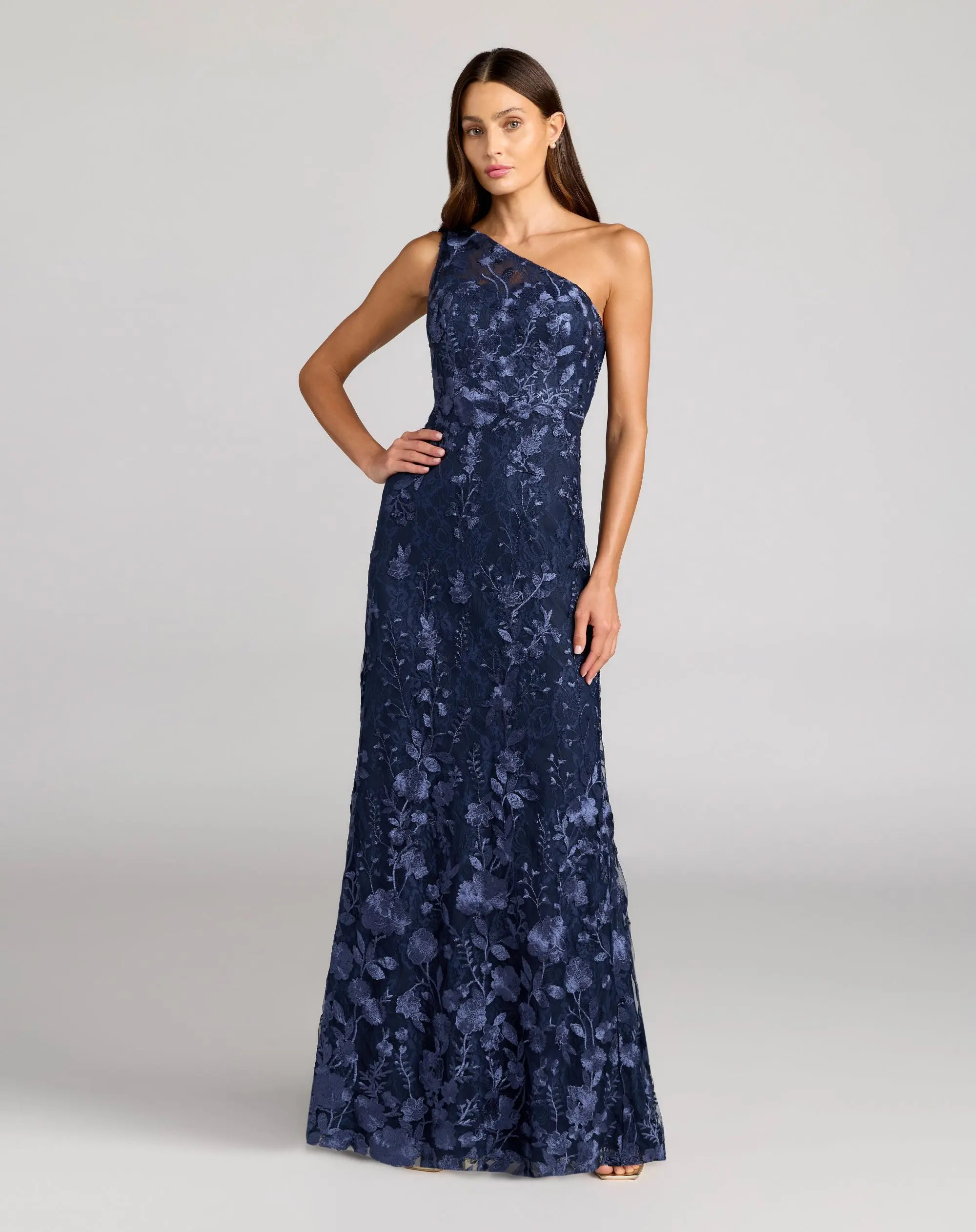 Navy One Shoulder Floral Embroidered Gown | Mac Duggal