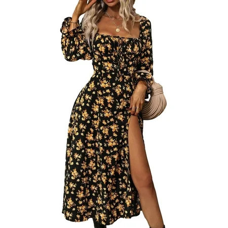 Women Long Dress Long Sleeve Square Neck Tie-up Floral Slit Dress | Walmart (US)