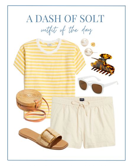 All about the sunny neutrals this summer! Today I’m pairing this yellow striped tee with linen shorts and lots of cute summer accessories.  

Summer outfit, summer, summer style, preppy, preppy style, stripes, linen shorts, rattan bag, woven bag, crossbody, summer bag, white sunglasses, pearls, classic style, mom style, J.Crew, J.Crew Factory

#LTKstyletip #LTKunder100 #LTKSeasonal