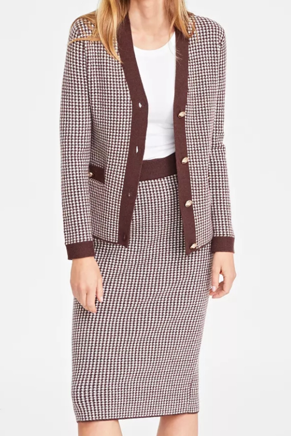 These gold button sweater and skirt sets are perfect for fall and winter. The perfect brown suit for work. Effortlessly chic! And on sale. Get your normal size. 

#LTKworkwear #LTKHoliday #LTKsalealert