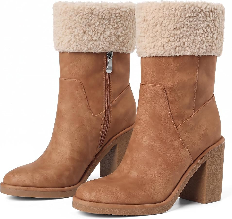 Women's Winter Ankle Boots Faux Suede Fur Lined Slip On Chunky Heel Booties | Amazon (US)