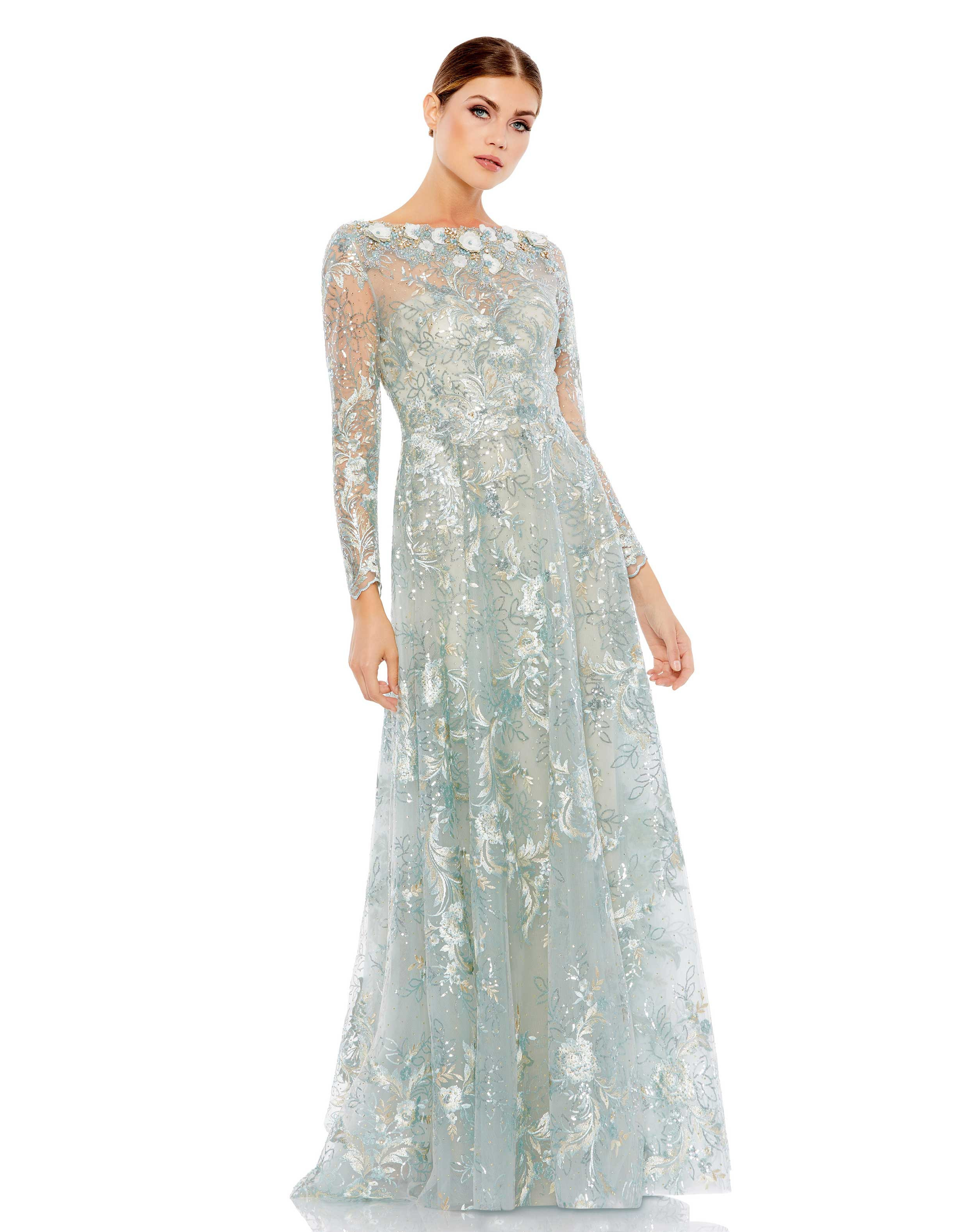 Floral Embroidered Illusion Long Sleeve Gown | Mac Duggal