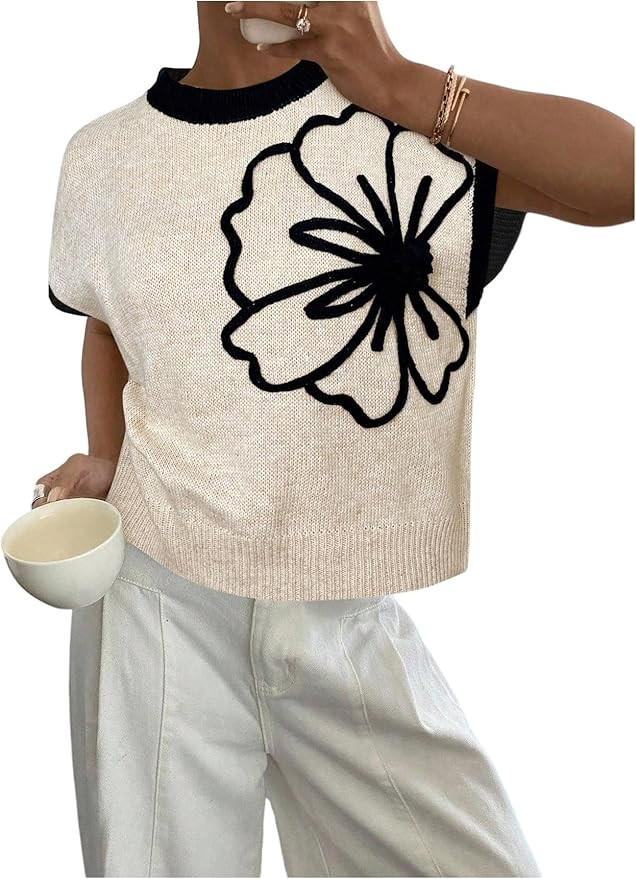 SOLY HUX Women's Short Sleeve Sweater 3D Floral Sweaters Pullover Tank Tops Knit Vest Trendy Fash... | Amazon (US)