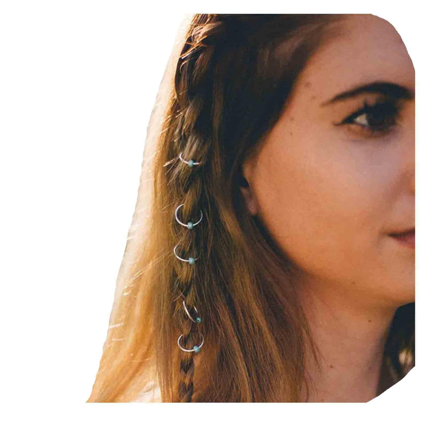 Boho Tribal Turquoise Circle Hair Ring Set Boho Braid Rings Dreadlock Dirty Braid Hair Loop Clips... | Amazon (US)