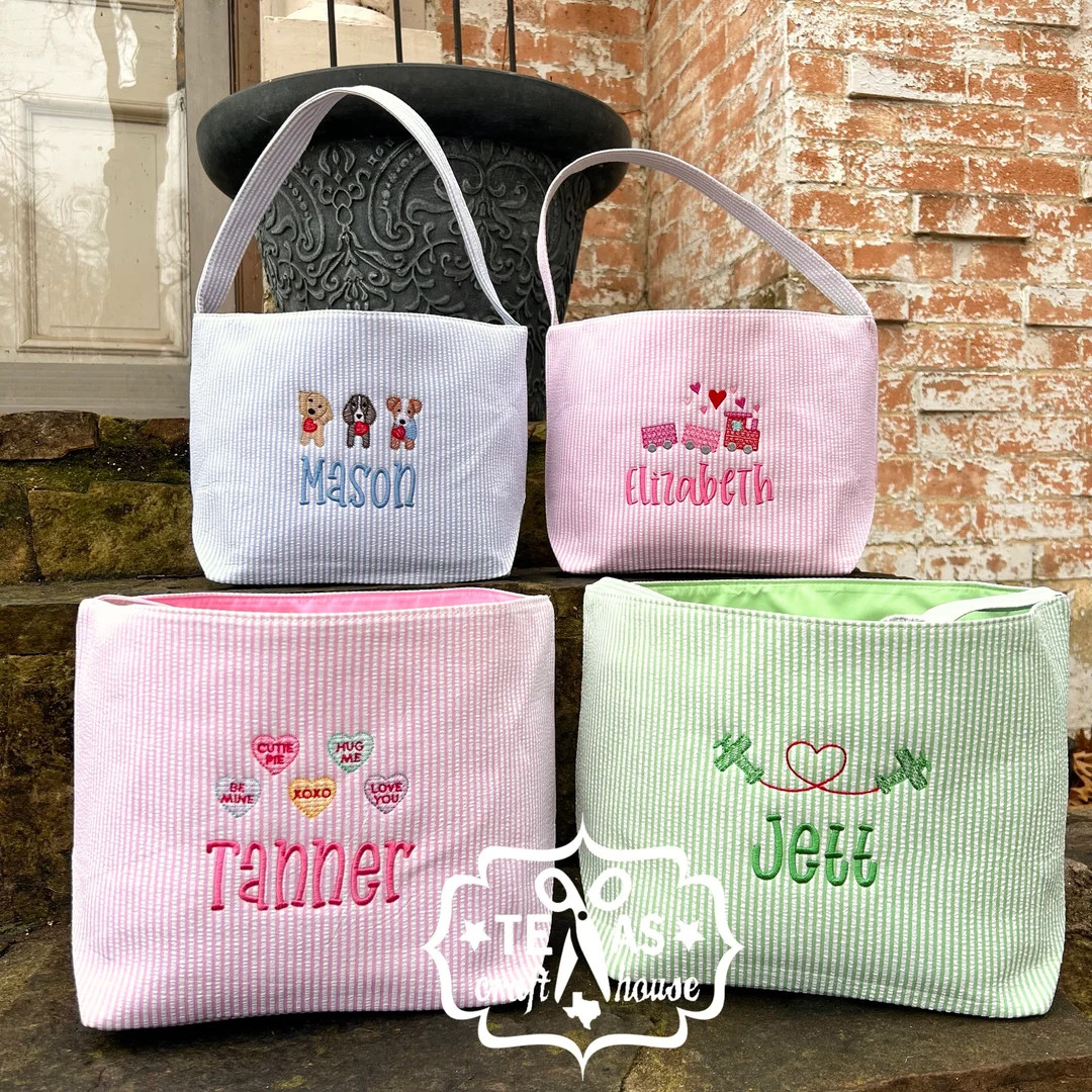 Monogrammed Valentines Day Class Exchange Bag Seersucker Valentine Tote Embroidered Valentine Bag... | Etsy (US)