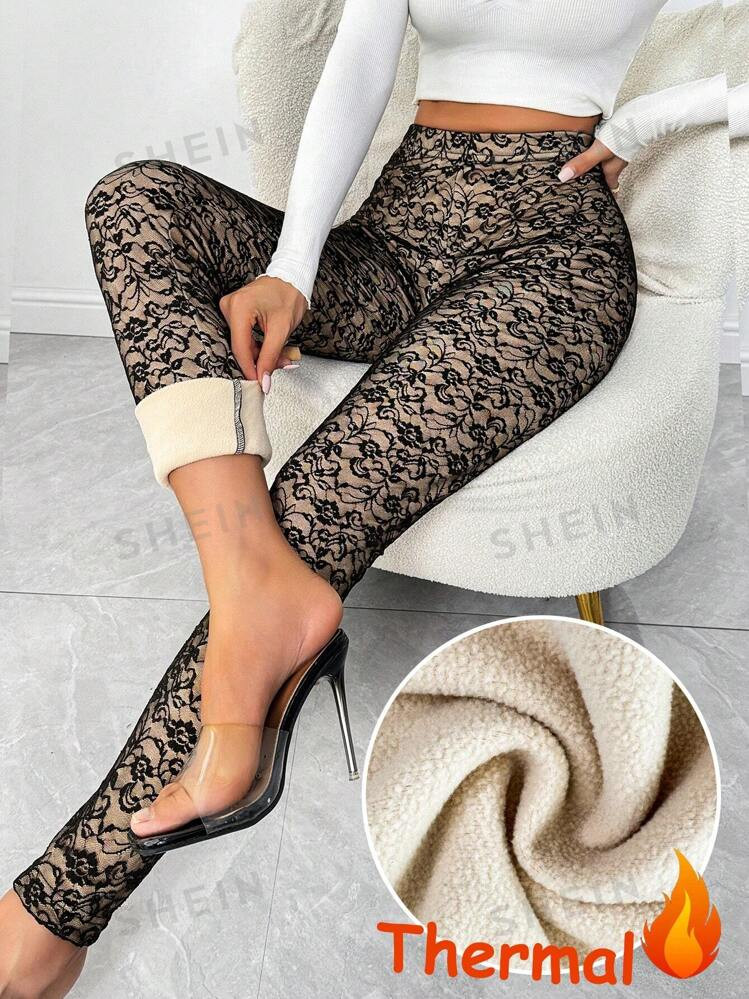 SHEIN Clasi Lace-Trimmed Thermal Insulating Windproof Tight High Elasticity Double-Layer Design S... | SHEIN
