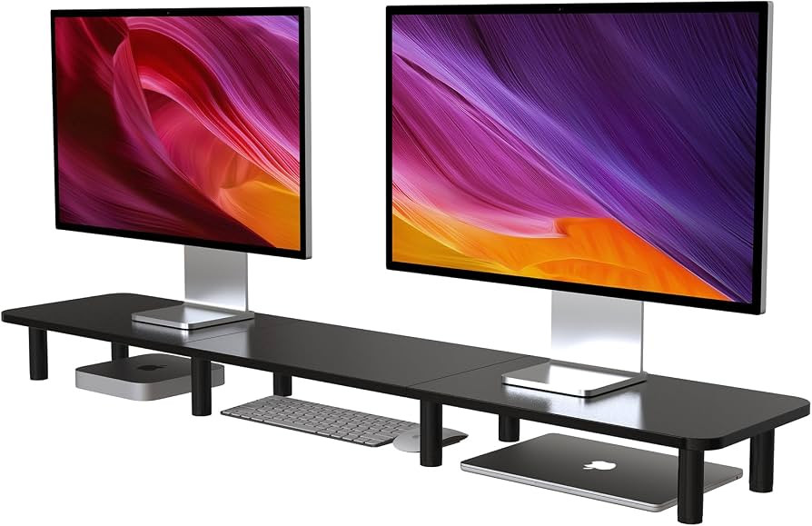 43.7" Extra Long Dual Monitor Stand Riser, Wood & Steel Monitor Stand for 2 Monitors, Wide TV Sta... | Amazon (US)