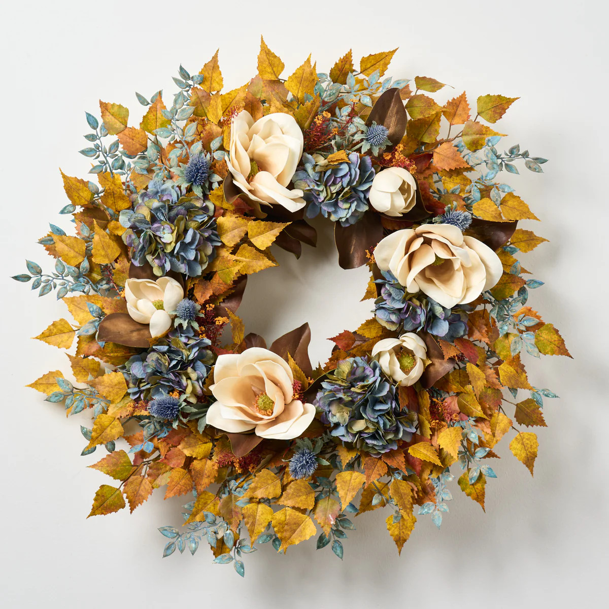 Magnolia Sky - Golden Autumn Birch Leaf, Antique Blue Hydrangea & Thistle Front Door Fall Wreath | Darby Creek Trading