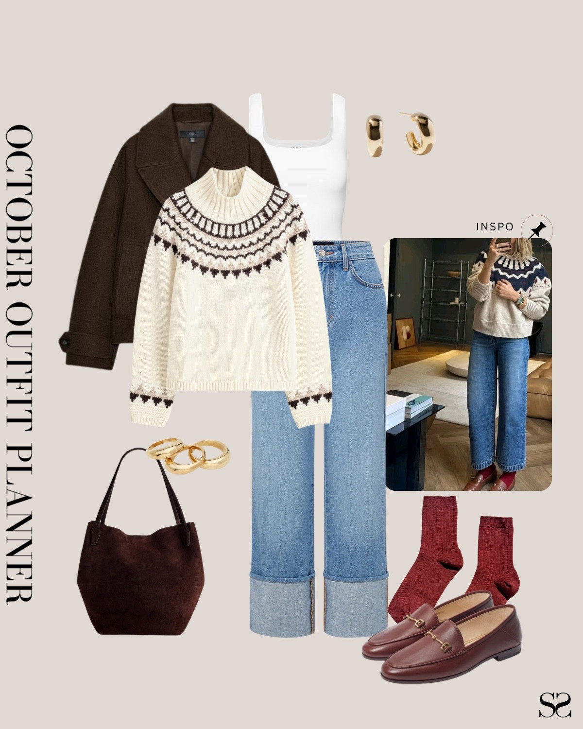 Monthly outfit planner NOVEMBER: Fall outfits | fair isle sweater, cropped denim, red socks, loafers, chocolate coat, suede tote bag 

#falloutfit #classicstyle #casualstyle #holidayoutfit #LTKstyletip

Image inspo credit: Pinterest 

#LTKootd #LTKSeasonal #LTKHoliday
