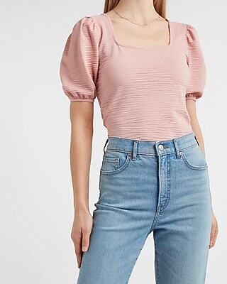 Textured Puff Sleeve Square Neck Thong Bodysuit | Express