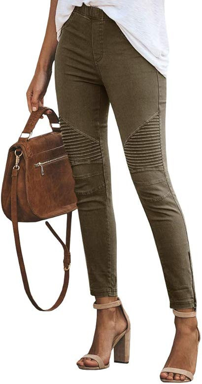 Womens Moto Jeggings Ankle Zipper Skinny Pleated Stretch Mid Rise Pencil Pants with Pockets | Amazon (US)